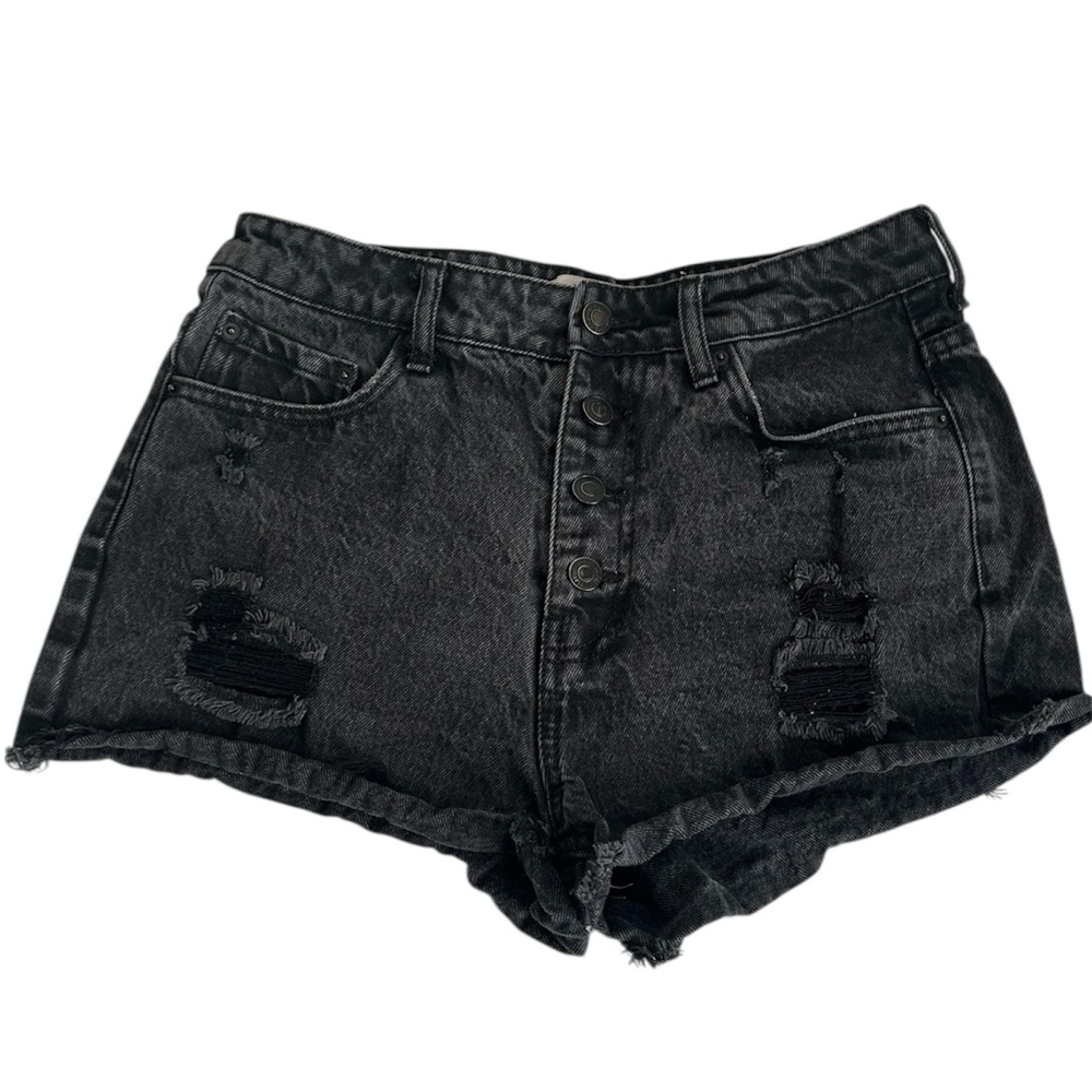 Forever 21 Black Denim High Rise 4 Button Fly Distressed Shorts Size 27